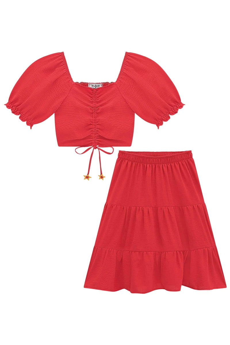 Conjunto Cropped e Saia Midi Vermelho - Kukiê