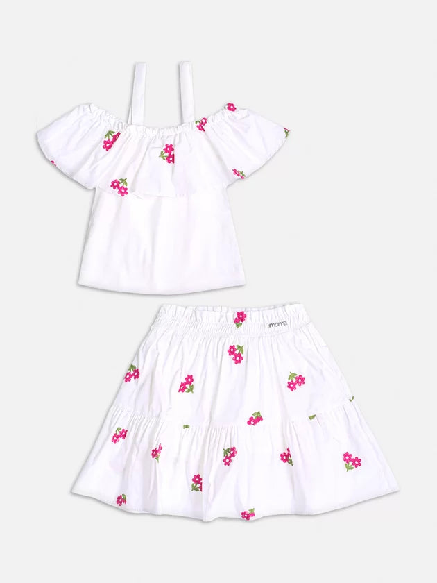 Conjunto Branco com Bordado de Flores Pink - Momi