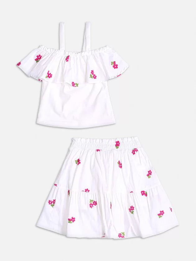 Conjunto Branco com Bordado de Flores Pink - Momi