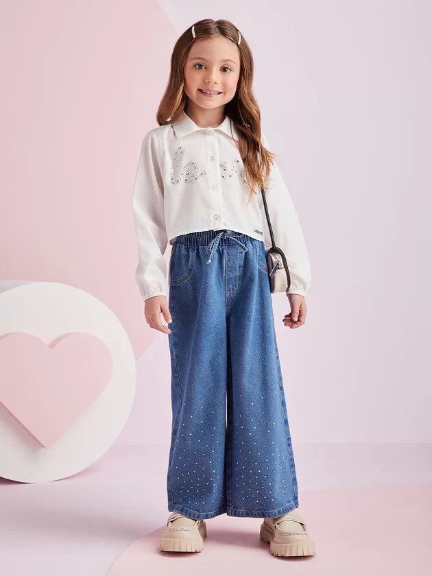 Calça Jeans Pantalona com Strass - Momi