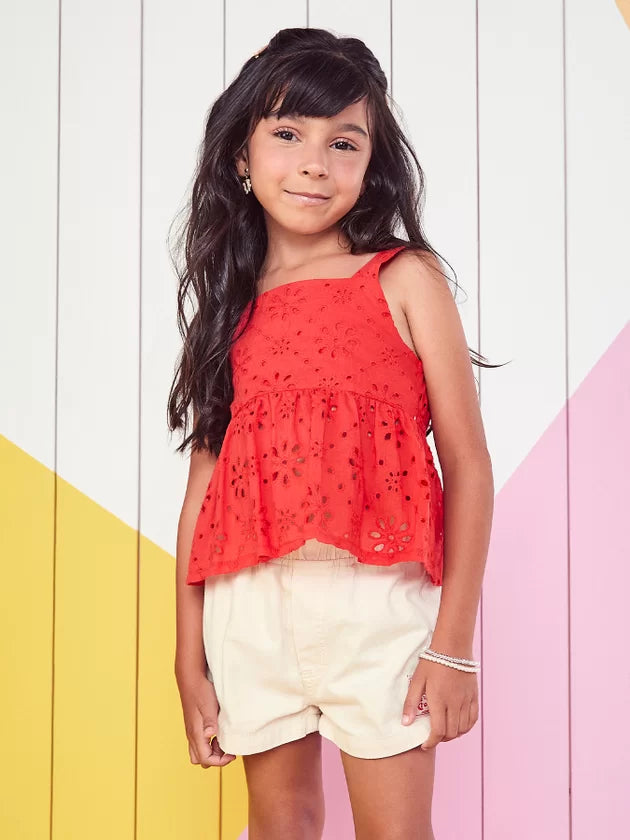 conjunto bata vermelha e short bege - momi