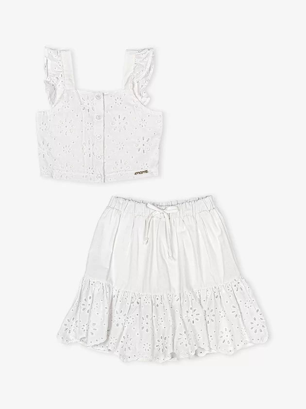 Conjunto Cropped e Saia em Lasie Branco - Momi