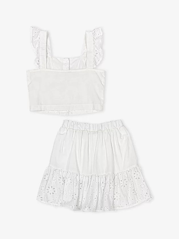 Conjunto Cropped e Saia em Lasie Branco - Momi