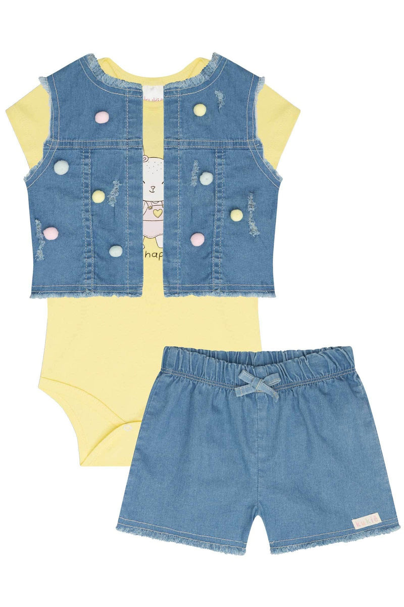 trio de body em suedine e shorts e colete em jeans -  kukie