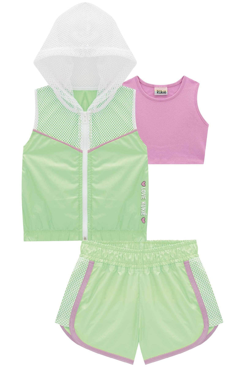 trio de top cropped em ribana colete e shorts em nylon sport - kukiê